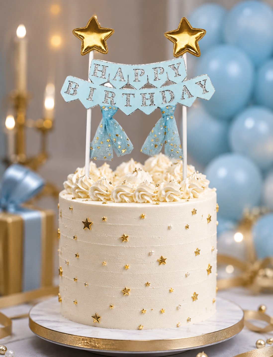Pasta Üstü Çubuklu Happy Birthday Yıldızlı Tüllü Mavi