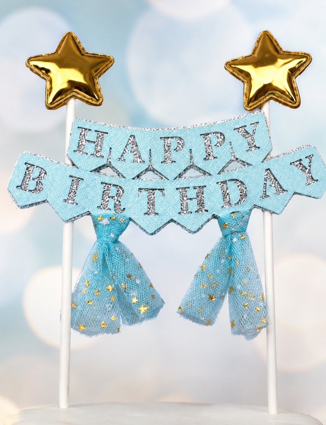 Pasta Üstü Çubuklu Happy Birthday Yıldızlı Tüllü Mavi