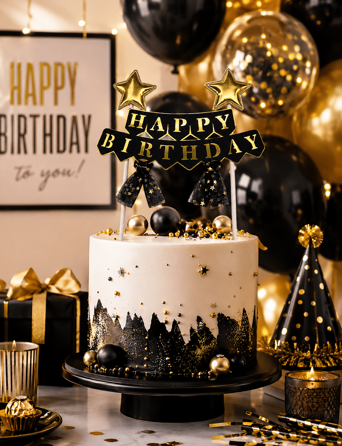 Pasta Üstü Çubuklu Happy Birthday Yıldızlı Tüllü Siyah