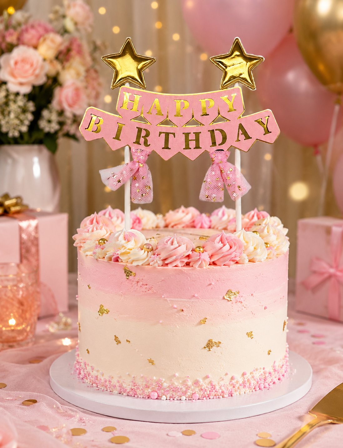 Pasta Üstü Çubuklu Happy Birthday Yıldızlı Tüllü Pembe