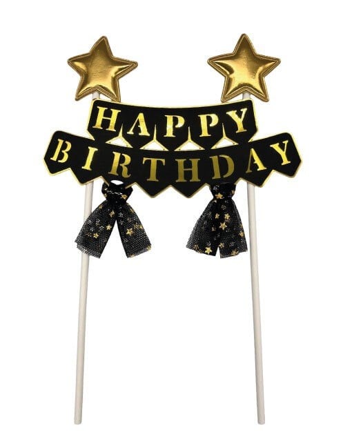 Pasta Üstü Çubuklu Happy Birthday Yıldızlı Tüllü Siyah