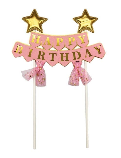 Pasta Üstü Çubuklu Happy Birthday Yıldızlı Tüllü Pembe