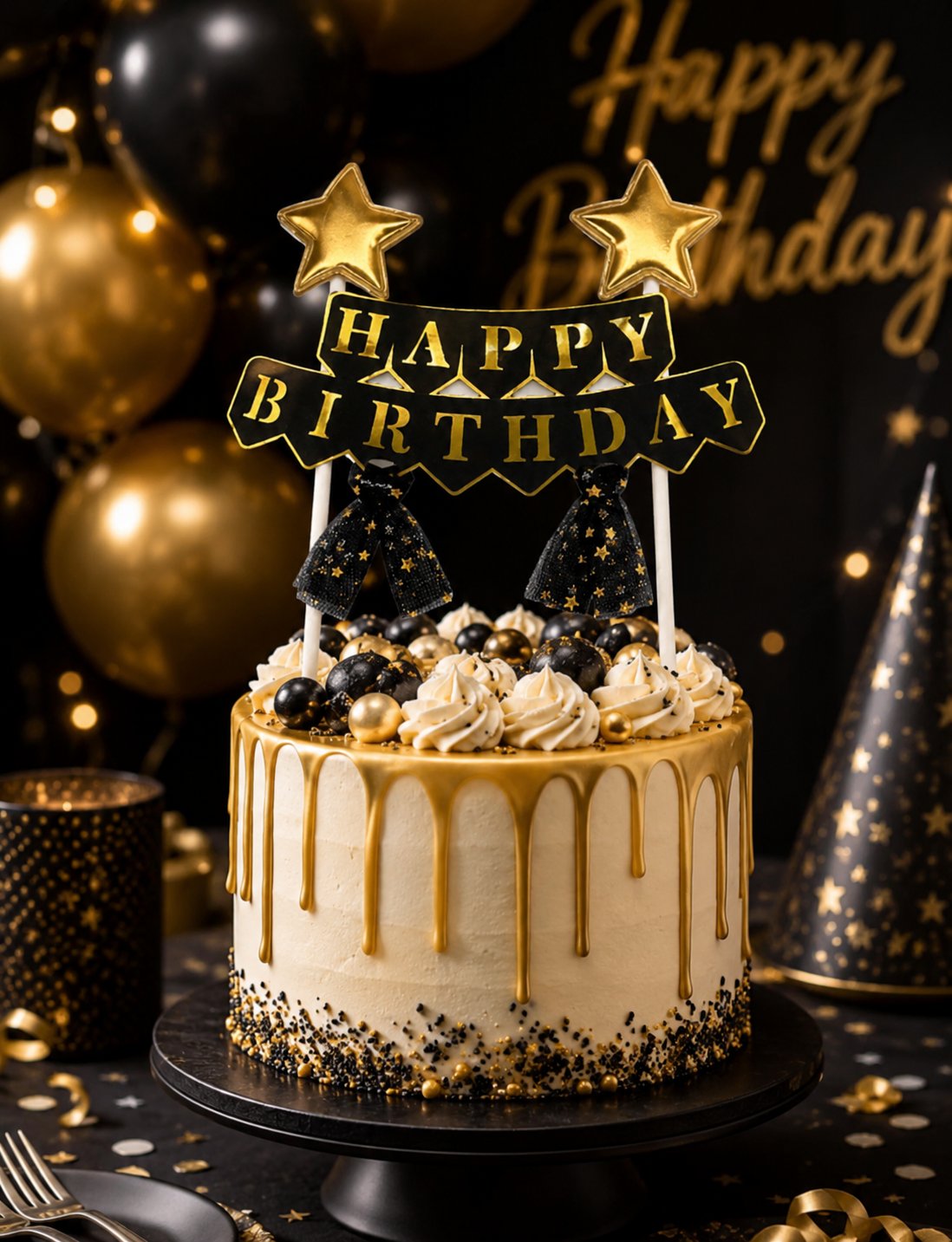 Pasta Üstü Çubuklu Happy Birthday Yıldızlı Tüllü Siyah