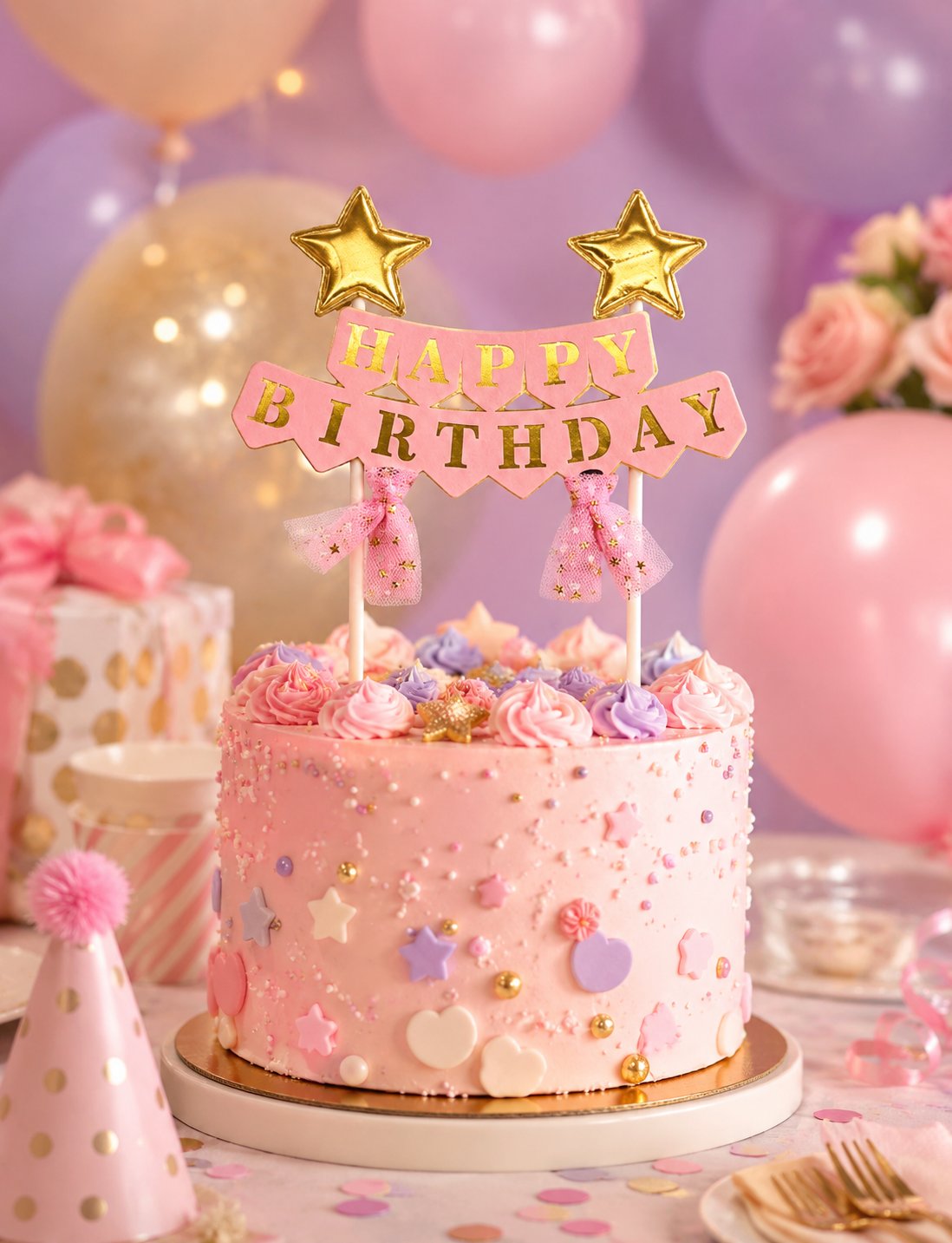 Pasta Üstü Çubuklu Happy Birthday Yıldızlı Tüllü Pembe
