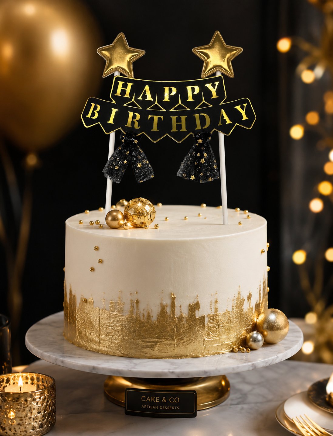 Pasta Üstü Çubuklu Happy Birthday Yıldızlı Tüllü Siyah