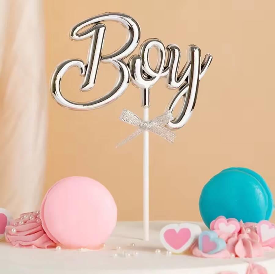 Pasta Üstü Çubuklu süs Krom cinsiyet Partisi Baby Shower Gümüş Boy Yazılı Çubuk