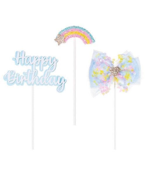 Pasta Üstü Happy Birthday Tüllü Gökkuşağı 3lü Mavi tekrar kullanılabilen