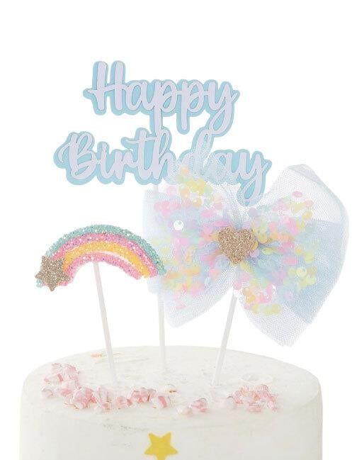 Pasta Üstü Happy Birthday Tüllü Gökkuşağı 3lü Mavi tekrar kullanılabilen
