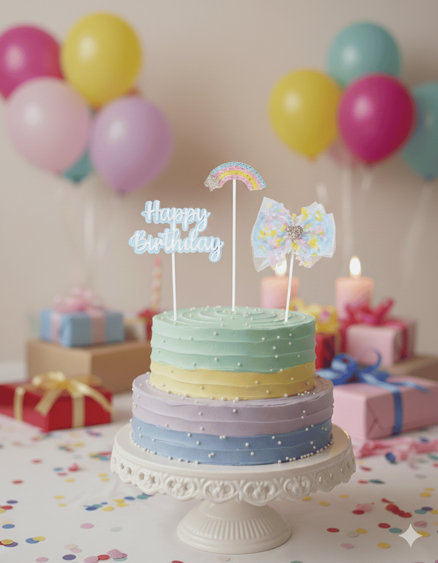 Pasta Üstü Happy Birthday Tüllü Gökkuşağı 3lü Mavi tekrar kullanılabilen