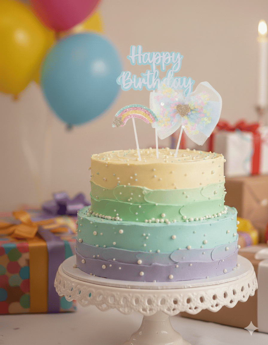 Pasta Üstü Happy Birthday Tüllü Gökkuşağı 3lü Mavi tekrar kullanılabilen
