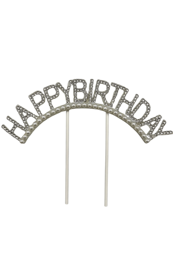 Pasta  Üstü Süsü Çubuklu Taşlarla Happy Birthday  Yazılı Taşlı İncili Doğum Günü Süsü