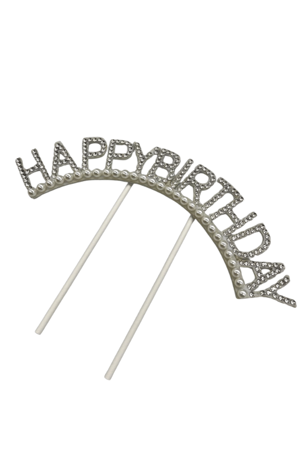 Pasta  Üstü Süsü Çubuklu Taşlarla Happy Birthday  Yazılı Taşlı İncili Doğum Günü Süsü