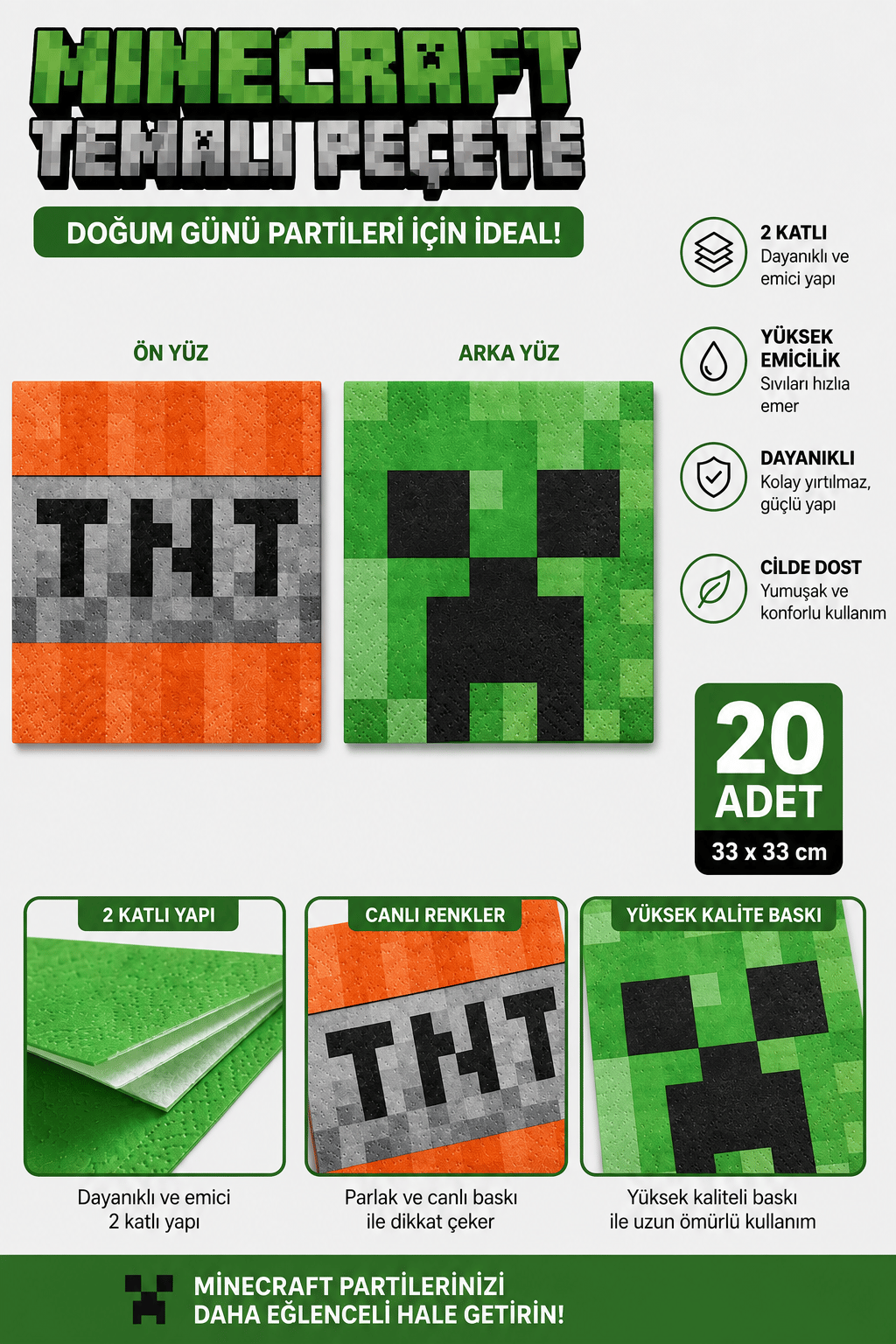 Peçete Minecraft Yeşilli Turunculu 20li çift kat
