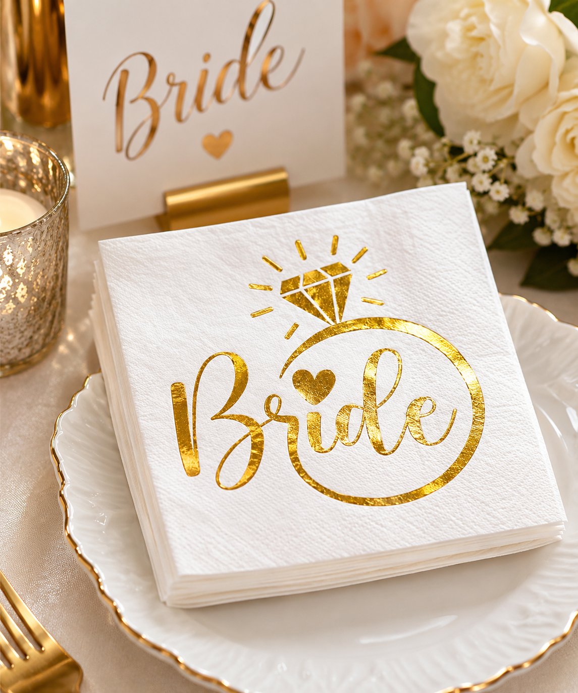 Peçete Varak baskılı Bride Yüzük Model 20 Parça Beyaz üstü gold