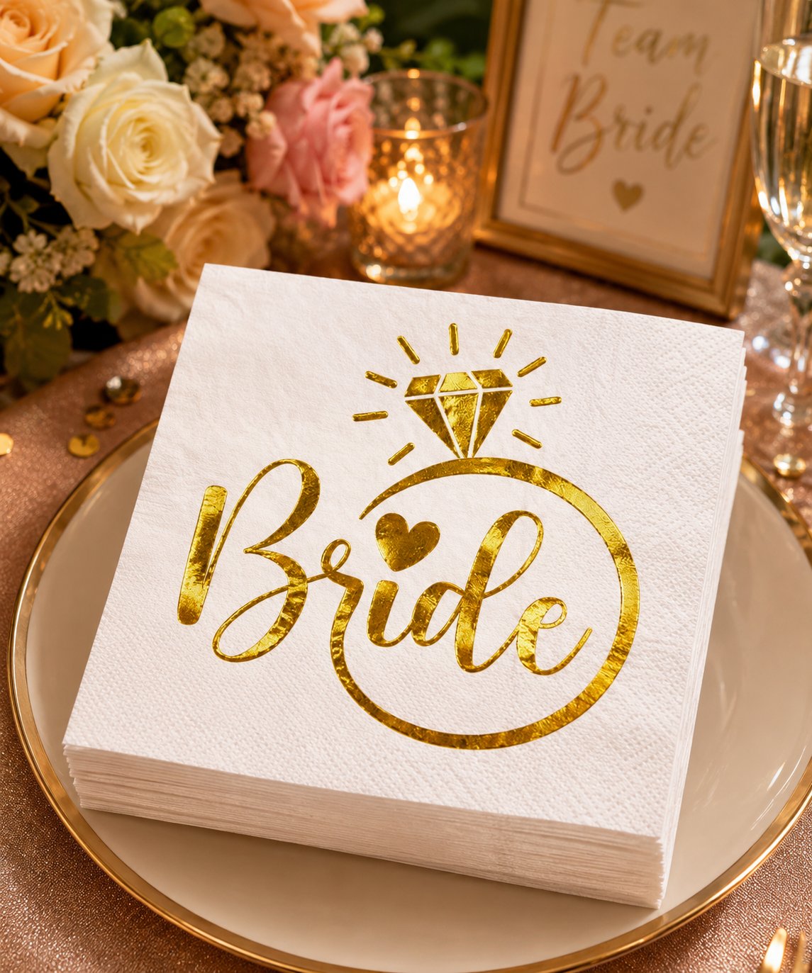 Peçete Varak baskılı Bride Yüzük Model 20 Parça Beyaz üstü gold