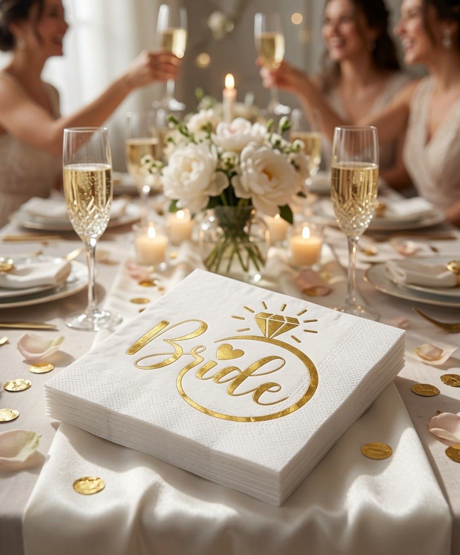 Peçete Varak baskılı Bride Yüzük Model 20 Parça Beyaz üstü gold