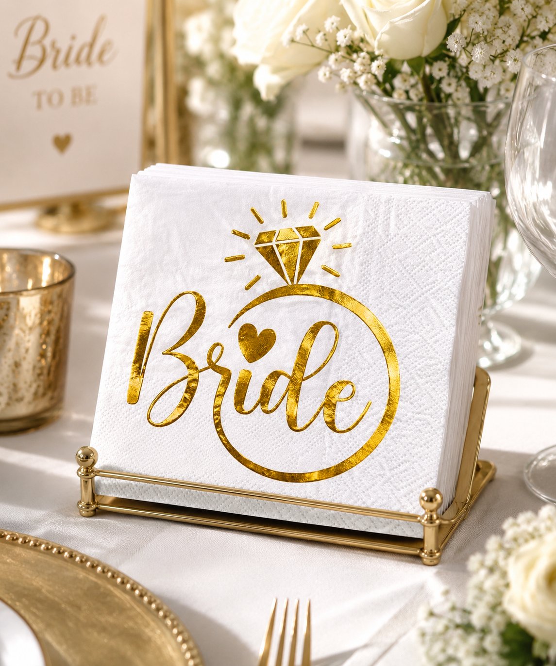 Peçete Varak baskılı Bride Yüzük Model 20 Parça Beyaz üstü gold