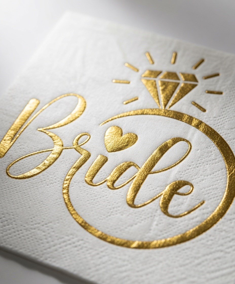 Peçete Varak baskılı Bride Yüzük Model 20 Parça Beyaz üstü gold
