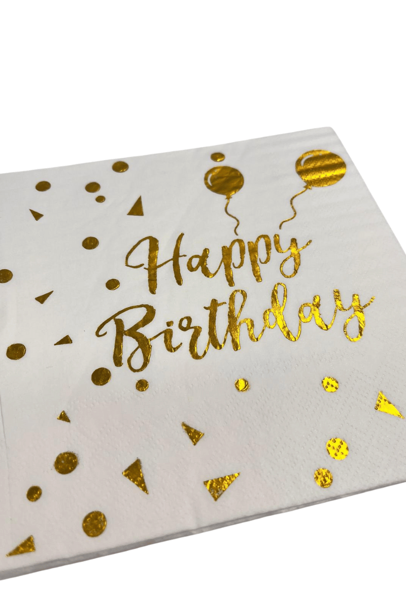 Peçete Varaklı Happy Birthday yazı beyaz üstü gold