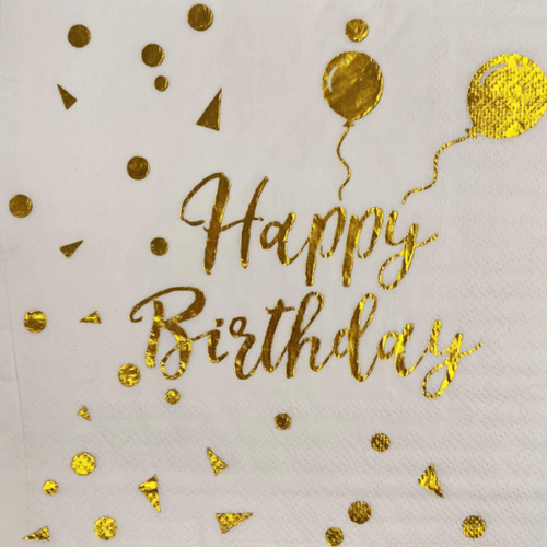 Peçete Varaklı Happy Birthday yazı beyaz üstü gold