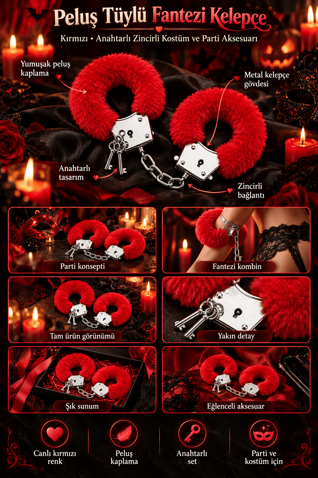 Peluş Tüylü Fantezi Kelepçe Kırmızı Anahtarlı Zincirli Halloween Cadılar Bayramı Aksesuarı