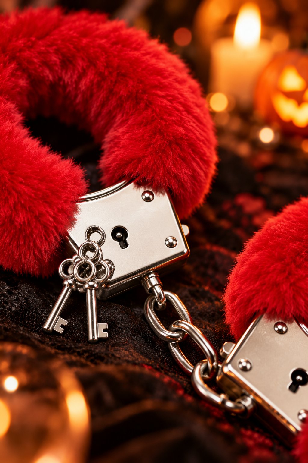 Peluş Tüylü Fantezi Kelepçe Kırmızı Anahtarlı Zincirli Halloween Cadılar Bayramı Aksesuarı