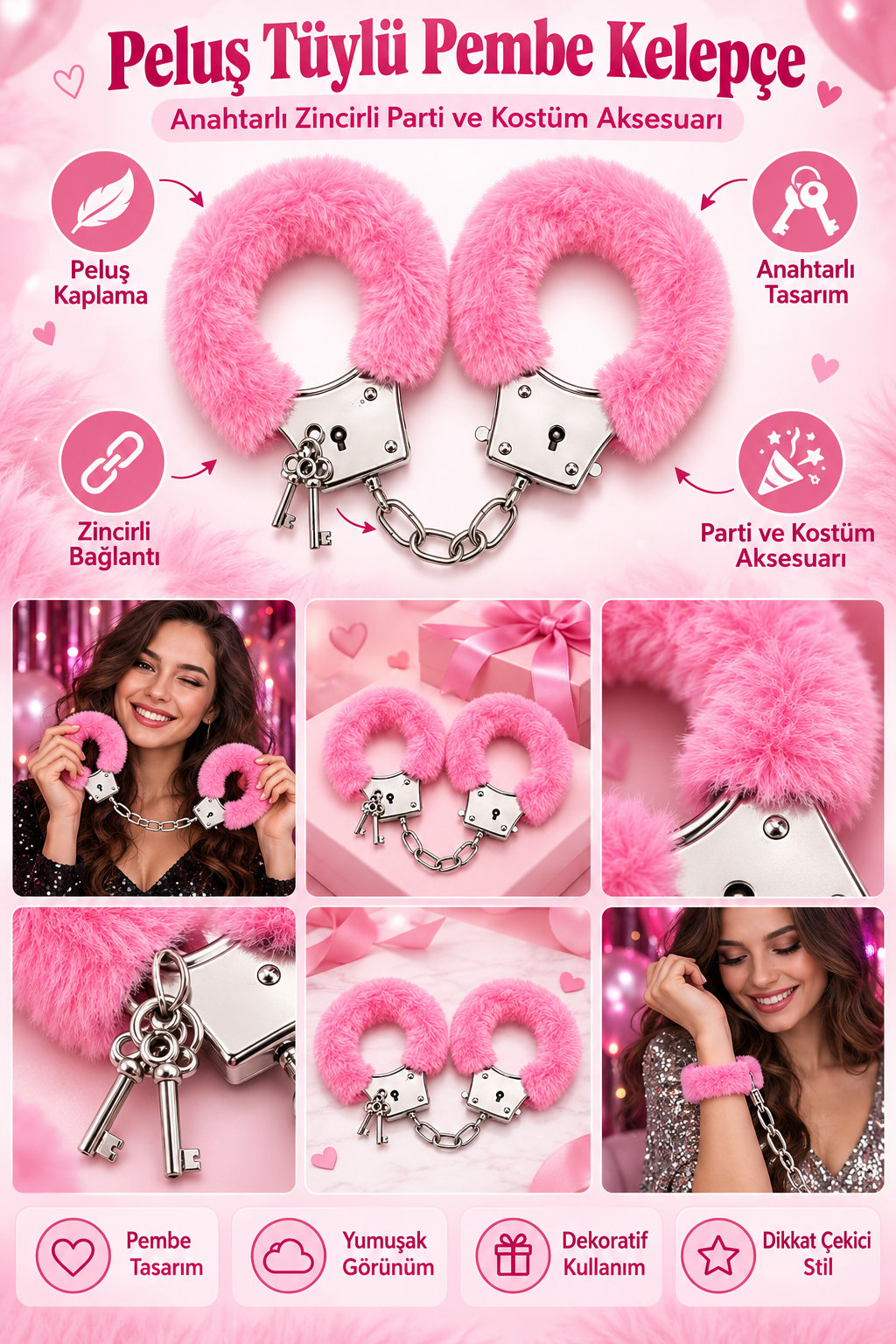 Peluş Tüylü Kelepçe Pembe Anahtarlı Zincirli Parti ve Kostüm Aksesuarı