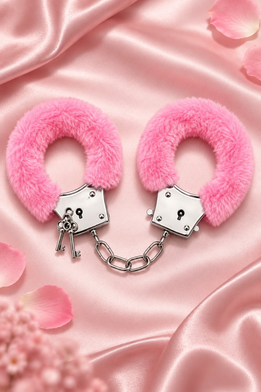 Peluş Tüylü Kelepçe Pembe Anahtarlı Zincirli Parti ve Kostüm Aksesuarı