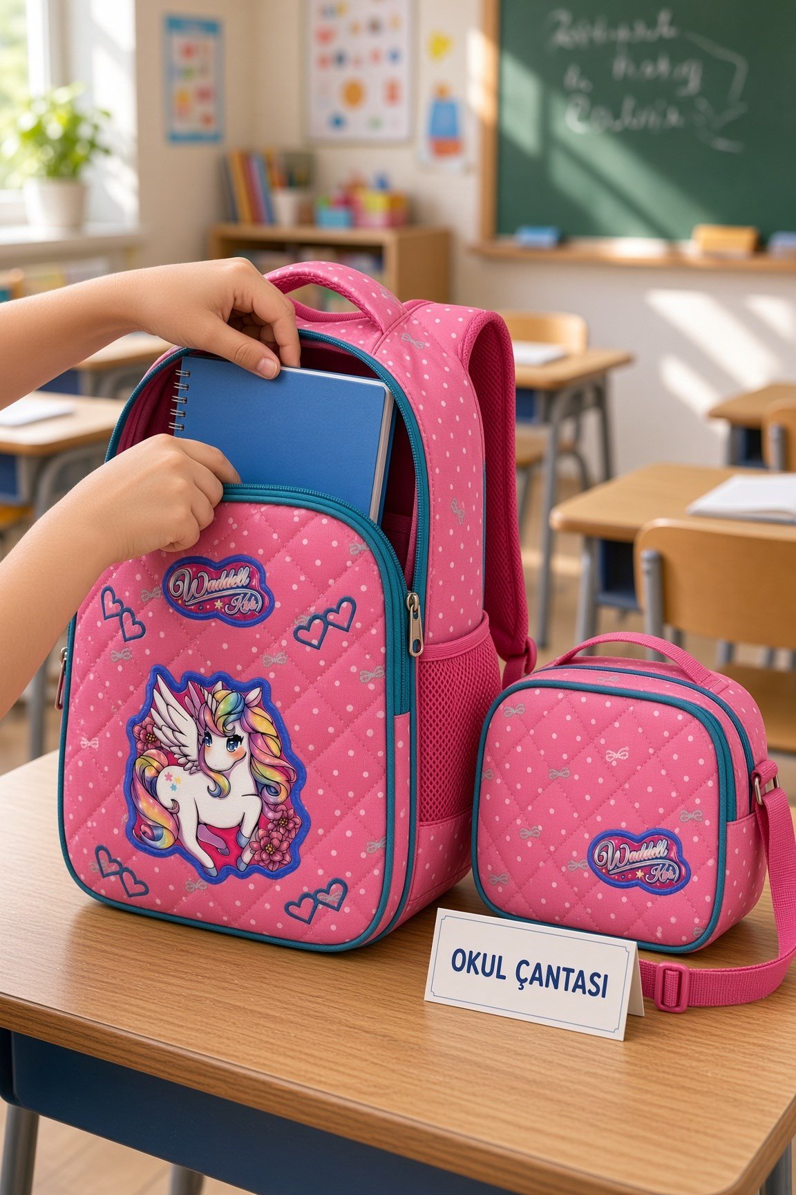 Pembe Benekli ilkokul Çantası(UNİCORN)5004 WADDEL Beslenme Çantalı