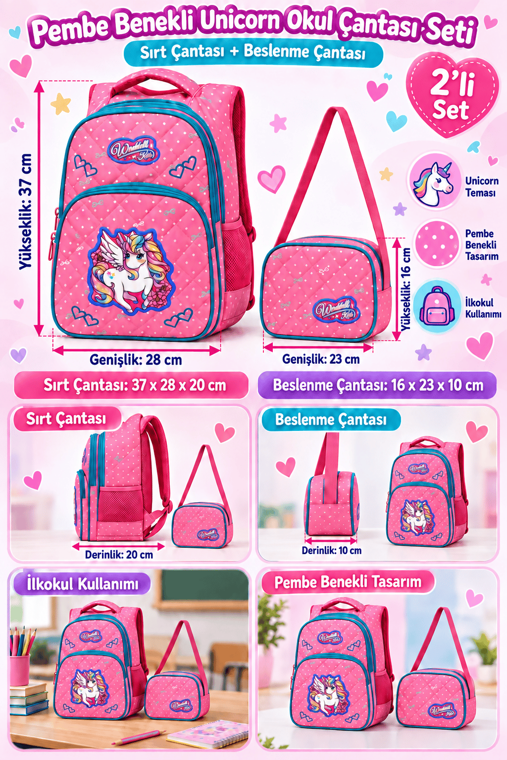 Pembe Benekli ilkokul Çantası(UNİCORN)5004 WADDEL Beslenme Çantalı