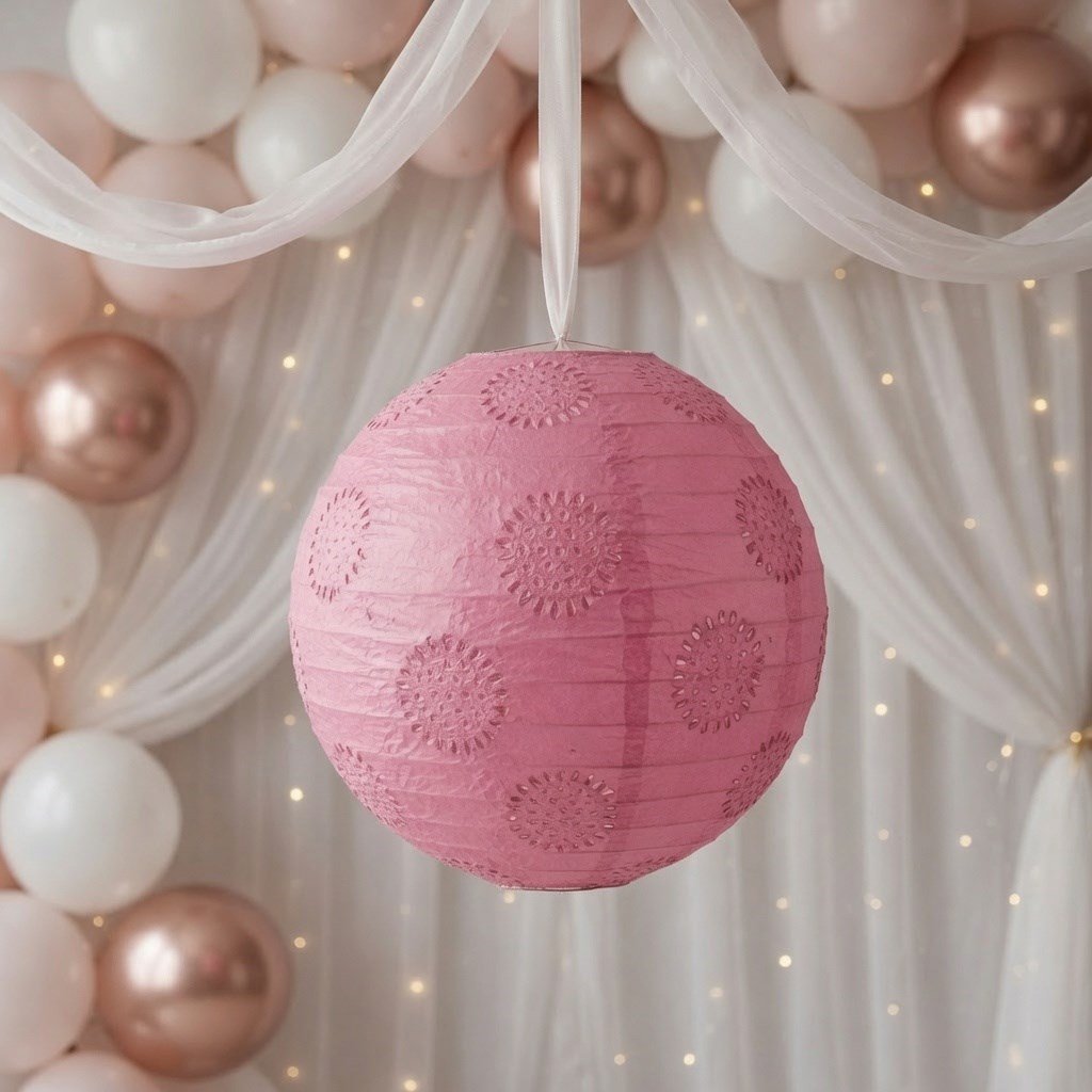Pembe Dantelli Japon Feneri Çin Feneri 35 cm Dekoratif Asma Parti ve Etkinlik Süsü