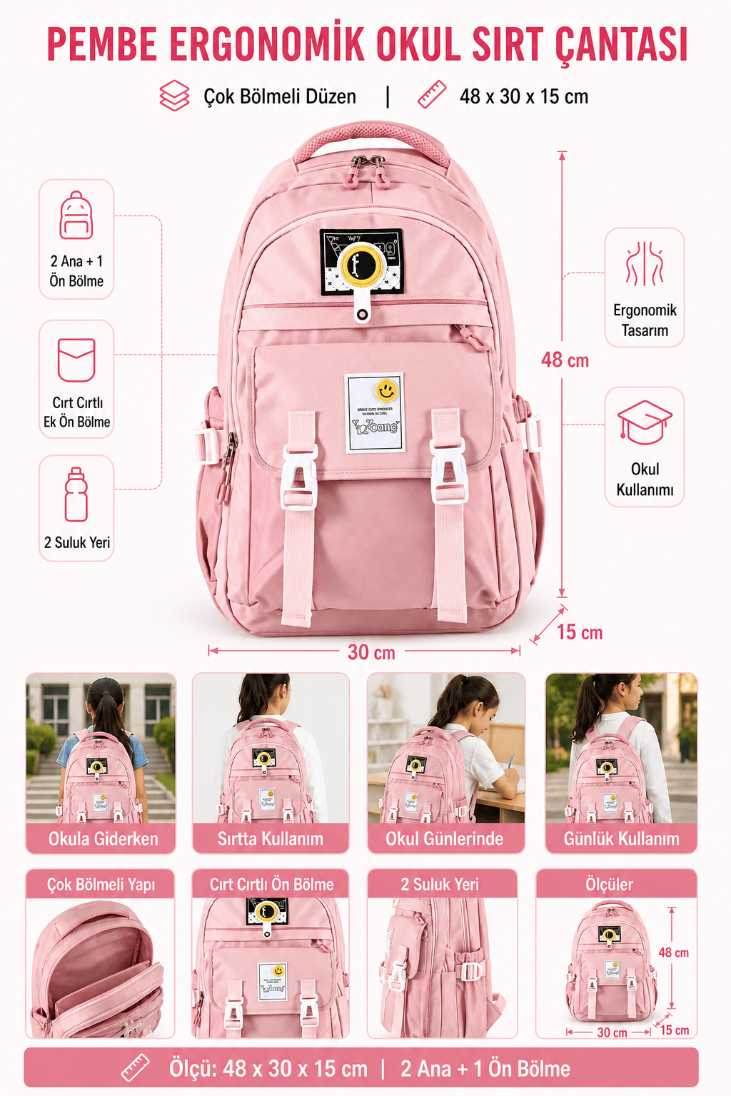 Pembe Lüks Ergonomik Okul Sırt Çantası Çok Bölmeli Öğrenci Günlük Çanta 48x30x15 cm
