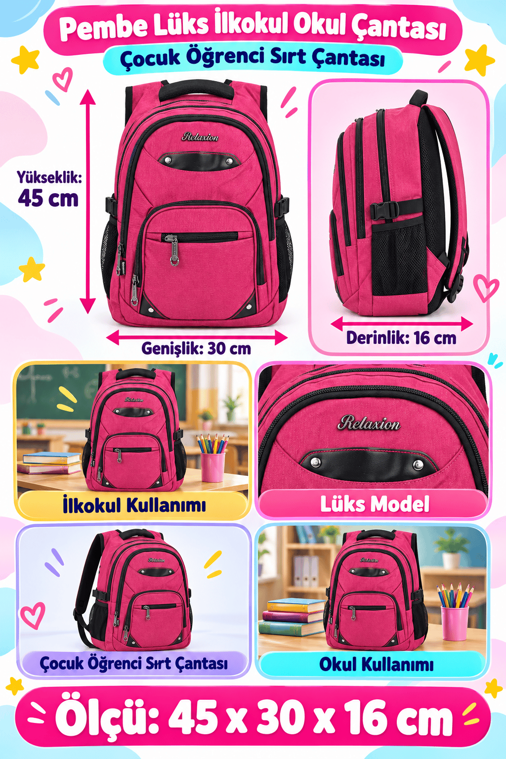 Pembe Lüks İlkokul Okul Çantası Çocuk Öğrenci Sırt Çantası Okul Kullanımı 45 x 30 x 16 cm