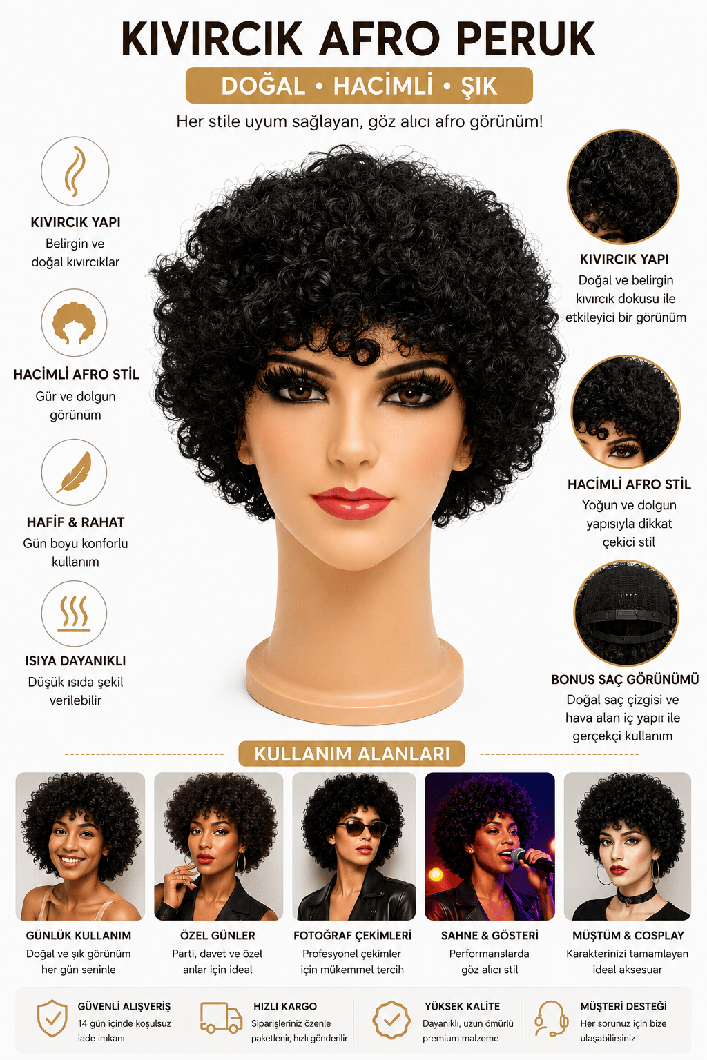 Peruk Saç Kıvırcık Bonus Afro Peruk Kumral Siyah