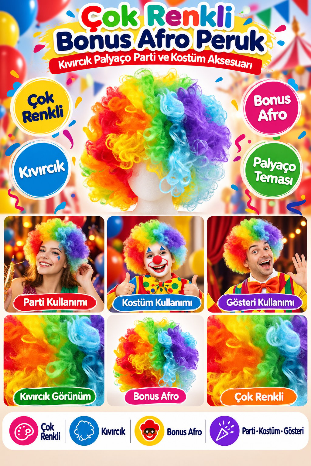 Peruk Saç Kıvırcık Bonus Afro Peruk Palyaço Çok Renkli