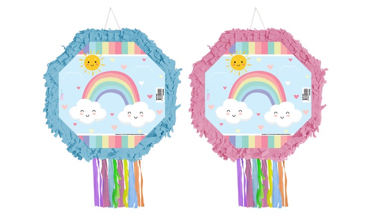 Pinyata Gökkuşaklı-Bulutlu resimler rainbow ile 42cm ahşap sopalı sarı renkli gerçek patlayan doğum günü pinyatası