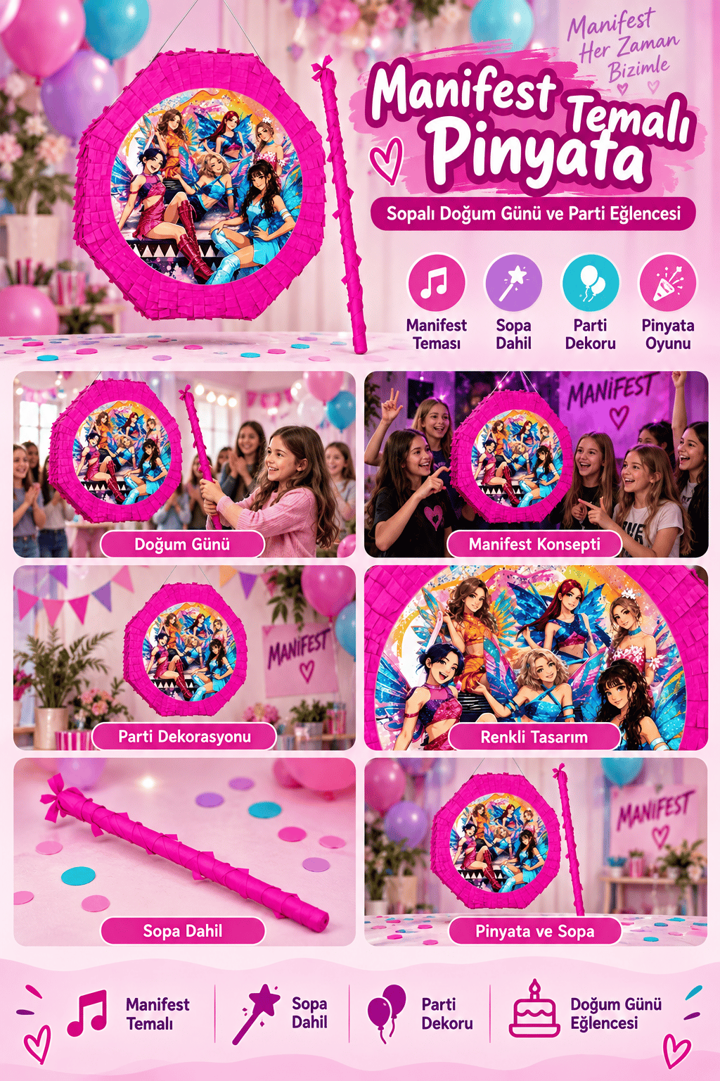 Pinyata PEMBE MANİFEST 42 cm sopalı