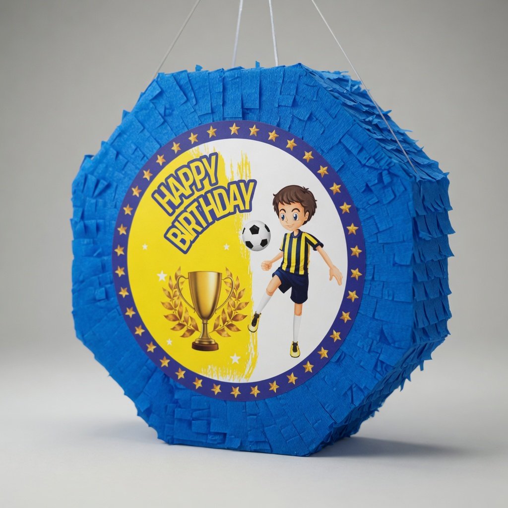 Pinyata Sarı Lacivert Sopalı 42 cm Doğum Günü Parti Oyunu Seti