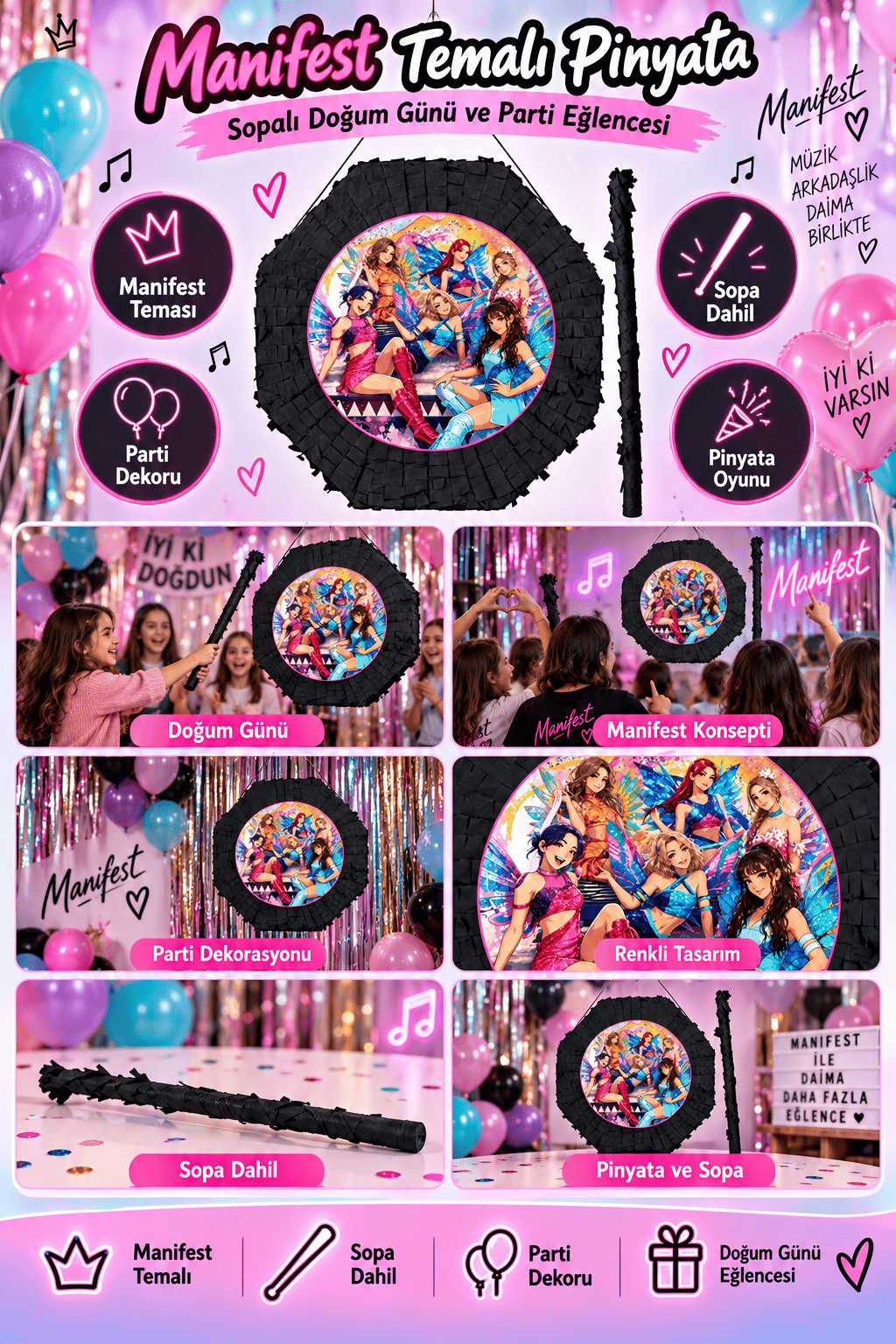 Pinyata SİYAH MANİFEST 42 cm sopalı