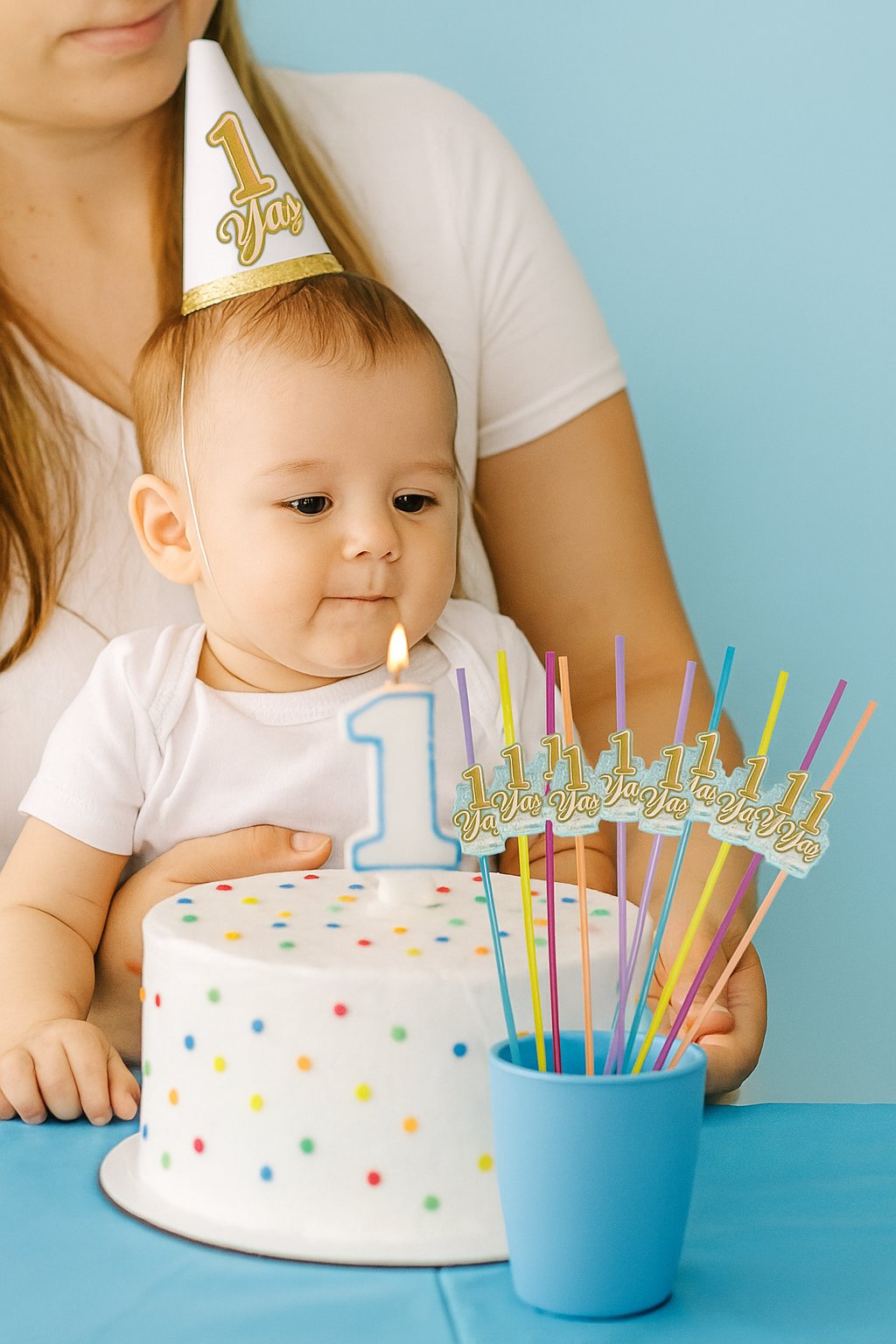 Pipet 1 YAŞ YALDIZLI pipet 10 lu Mavi 1 Yaş Erkek Doğum Günü Partisi