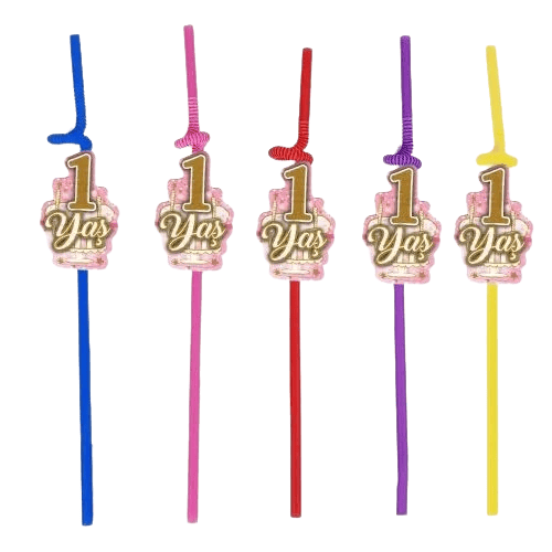 Pipet 1 YAŞ YALDIZLI pipet 10 lu Pembe 1 Yaş Kız Doğum Günü Partisi