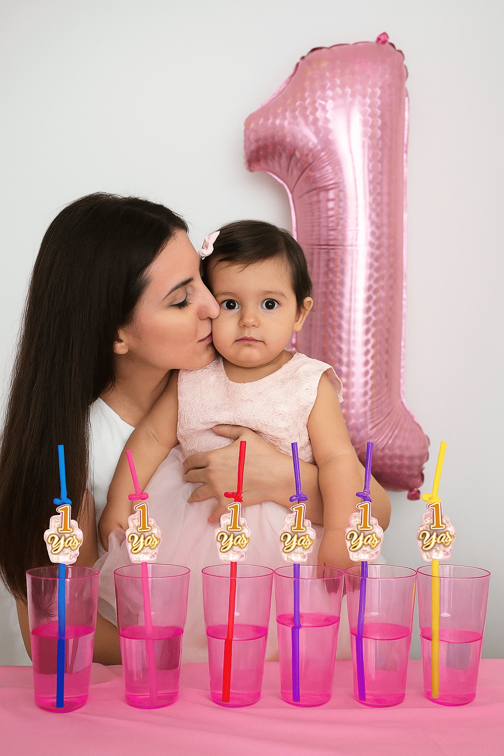 Pipet 1 YAŞ YALDIZLI pipet 10 lu Pembe 1 Yaş Kız Doğum Günü Partisi