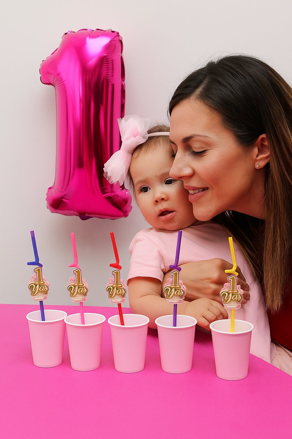 Pipet 1 YAŞ YALDIZLI pipet 10 lu Pembe 1 Yaş Kız Doğum Günü Partisi