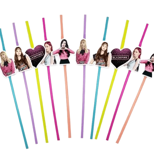 Pipet Black Pink Temalı Artistik Körüklü Pipet 10 lu Doğum Günü Temalı Pipet