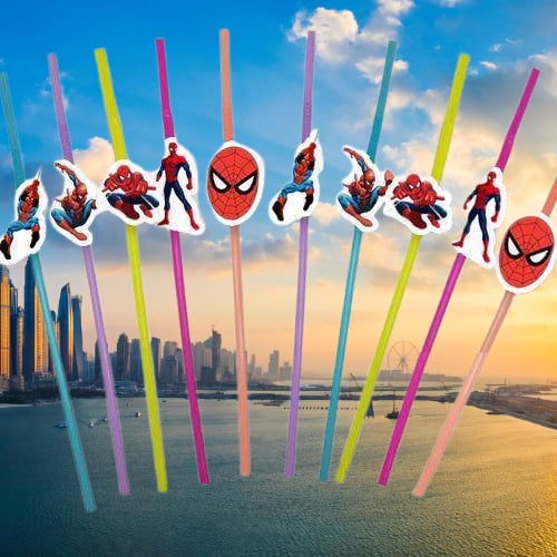 Pipet lisanlı Spideman Temalı 10 lu Artistik Körüklü Pipet Doğum Günü Masa Dekarasyonu