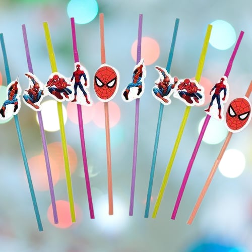 Pipet lisanlı Spideman Temalı 10 lu Artistik Körüklü Pipet Doğum Günü Masa Dekarasyonu