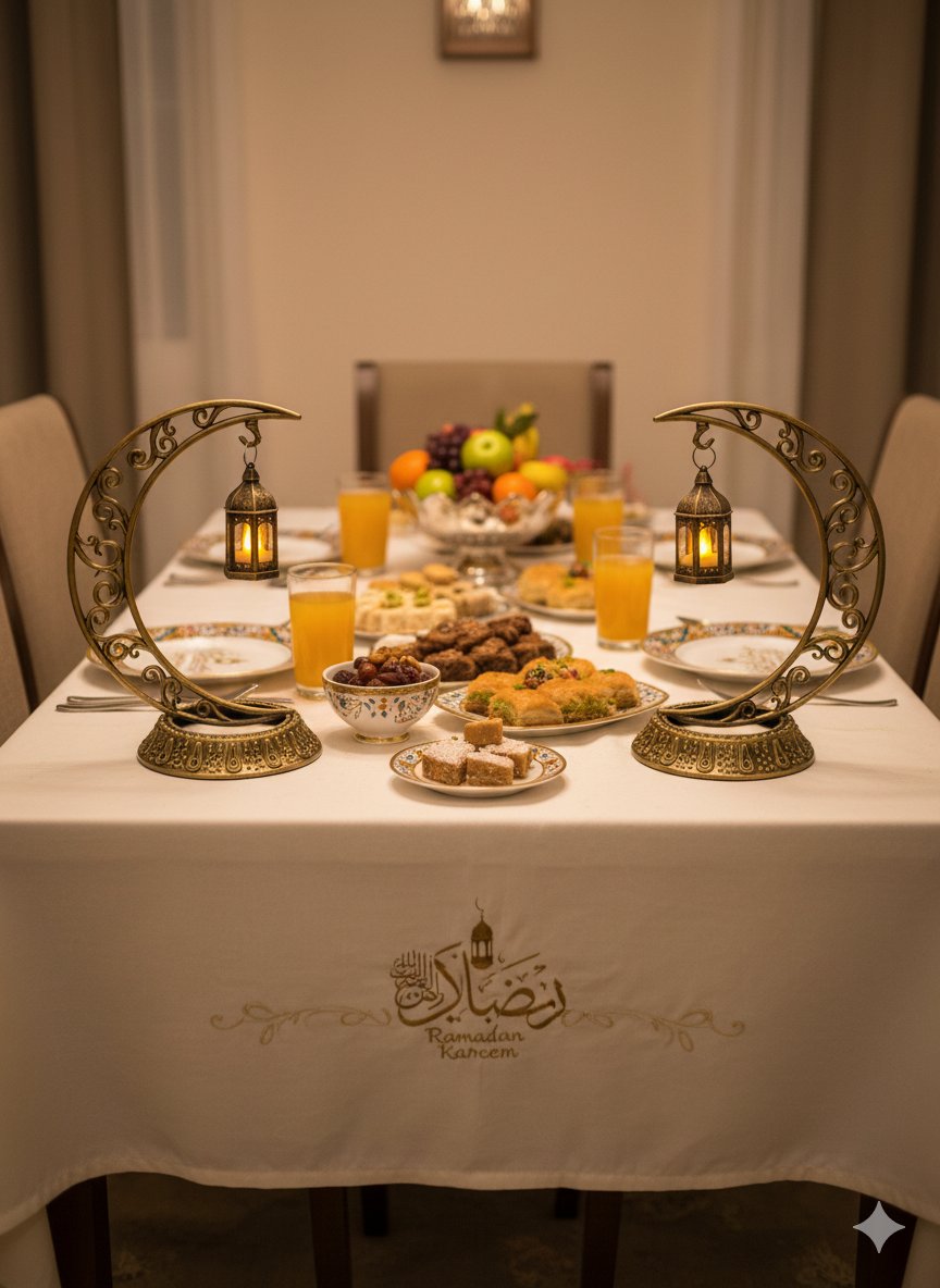 Ramazan Dekoratif Masa Üstü LED Lamba Seti - Eskitme Gold Hilal - Kancalı