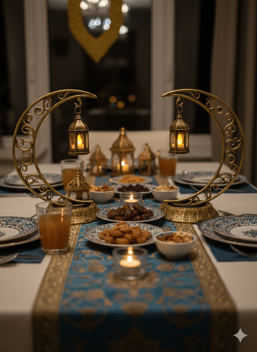 Ramazan Dekoratif Masa Üstü LED Lamba Seti - Eskitme Gold Hilal - Kancalı