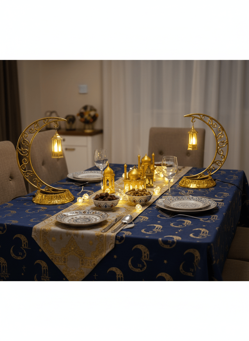 Ramazan Dekoratif Masa Üstü LED Lamba Seti - Gold Hilal - Kancalı