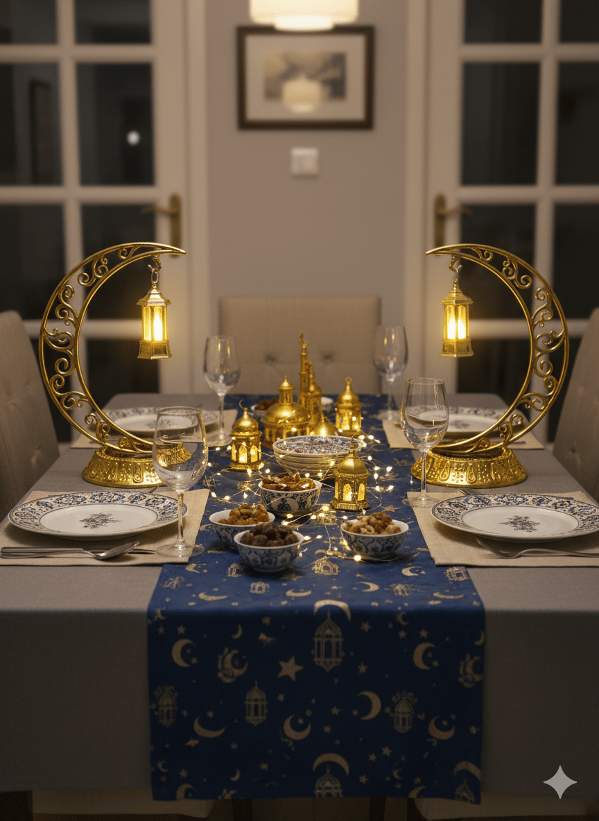 Ramazan Dekoratif Masa Üstü LED Lamba Seti - Gold Hilal - Kancalı